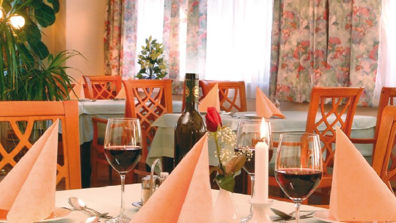 Elegant restaurant with laid table, wine glasses and candles.
