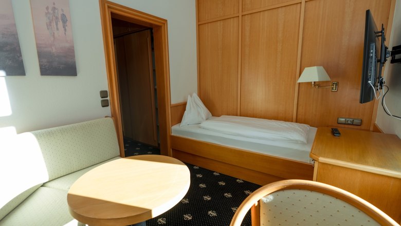 Single room with bed, sofa, table and TV.