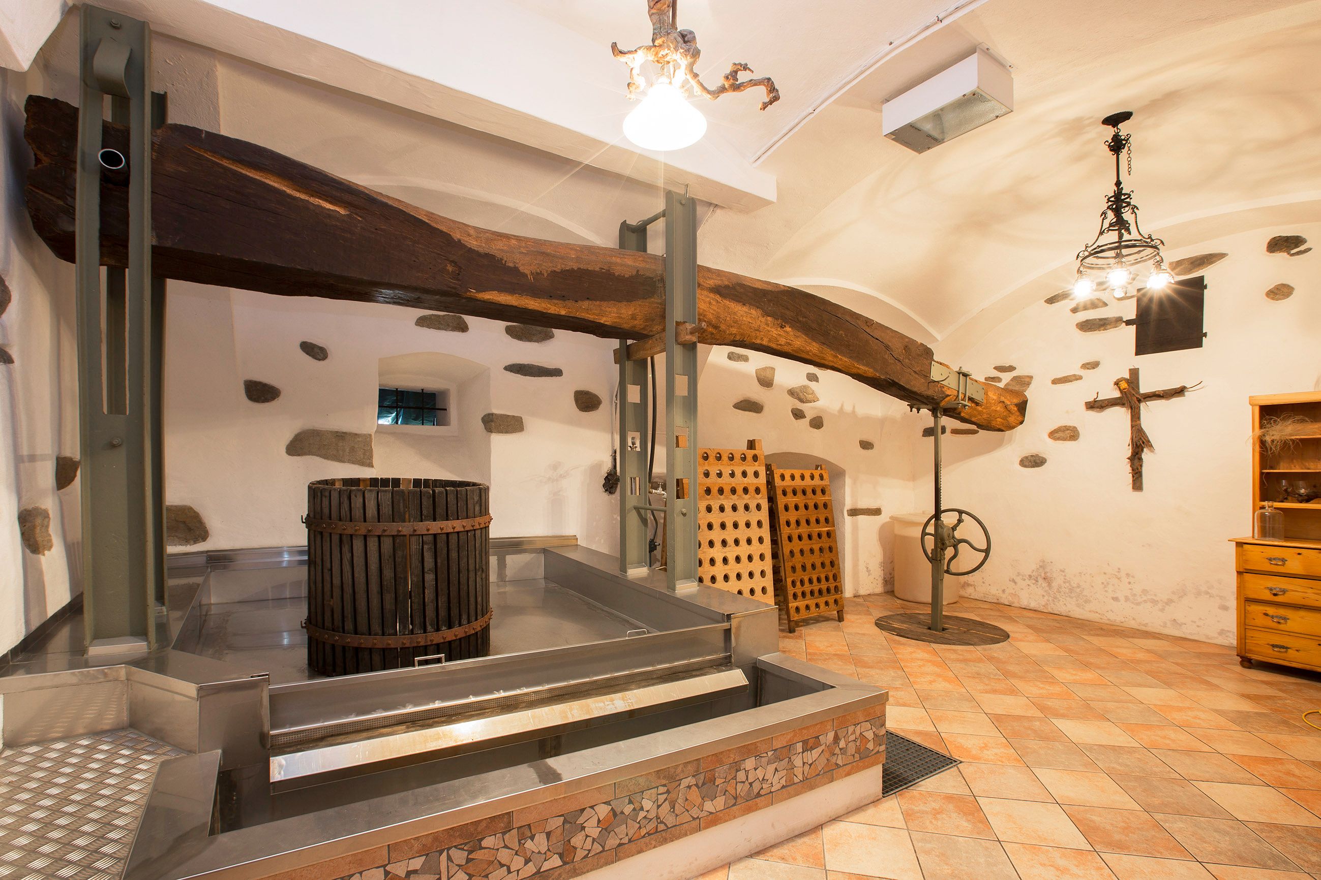 Wine cellar with press at the Kellermandl organic winery