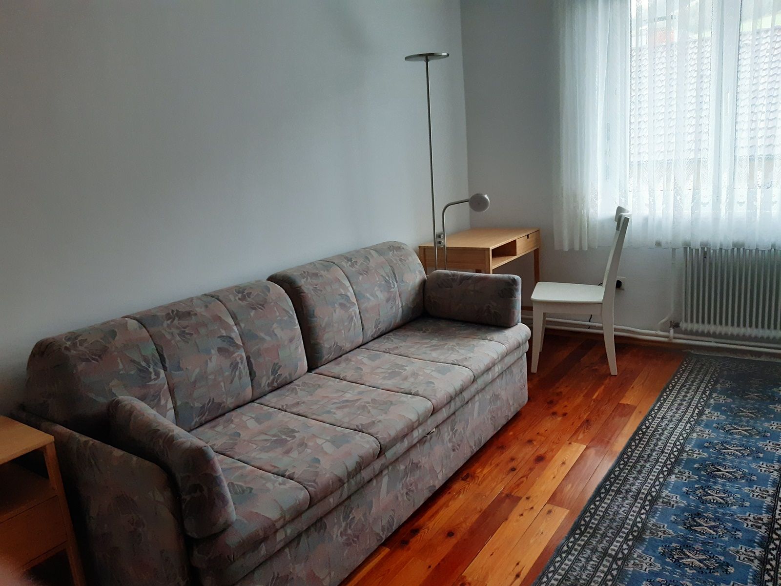 A simply furnished room with a sofa, a desk, a chair and a carpet on a wooden floor.