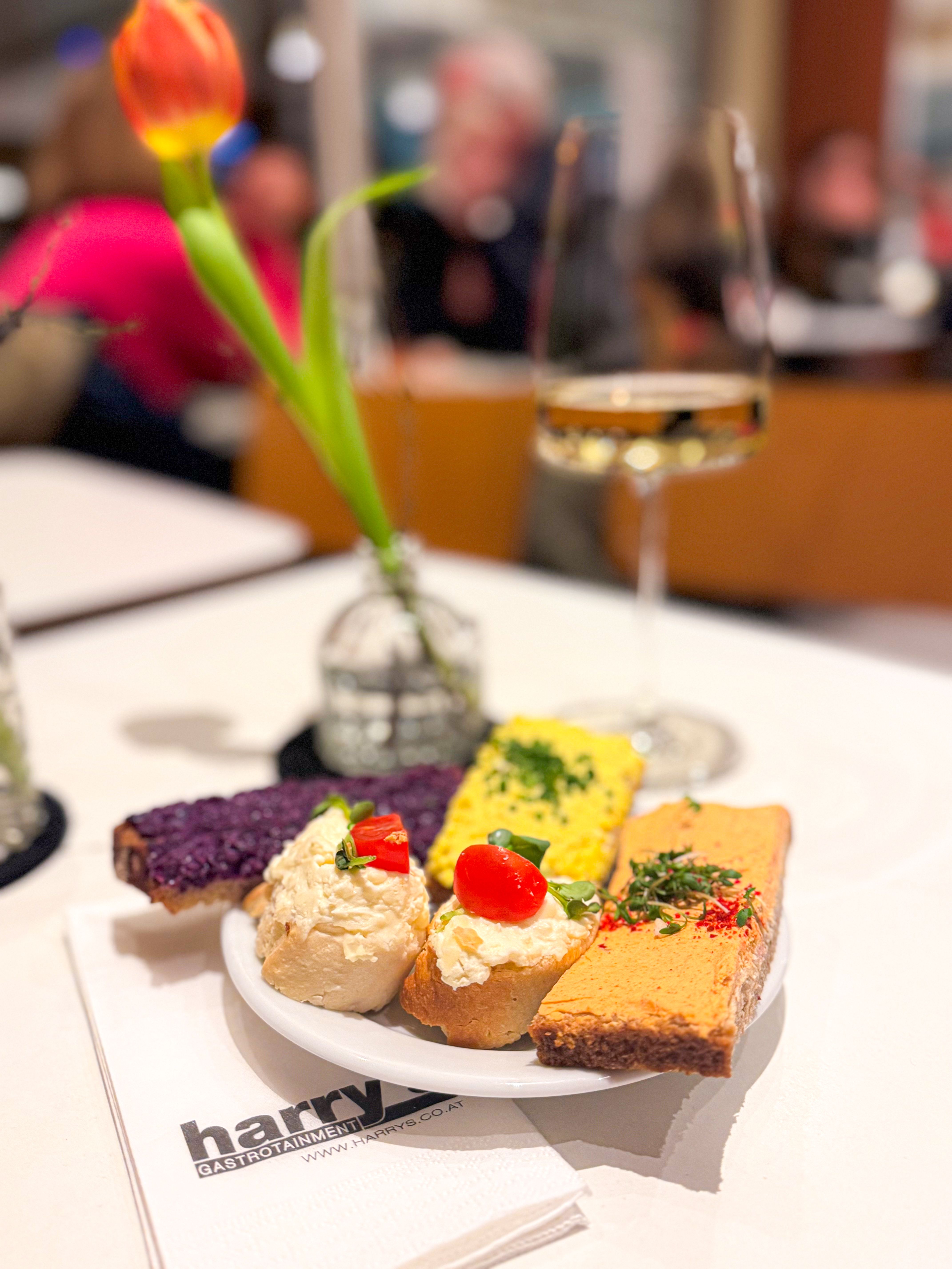 Bread rolls with various spreads