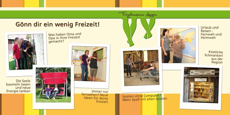 Collage with leisure activities and texts on leisure activities.