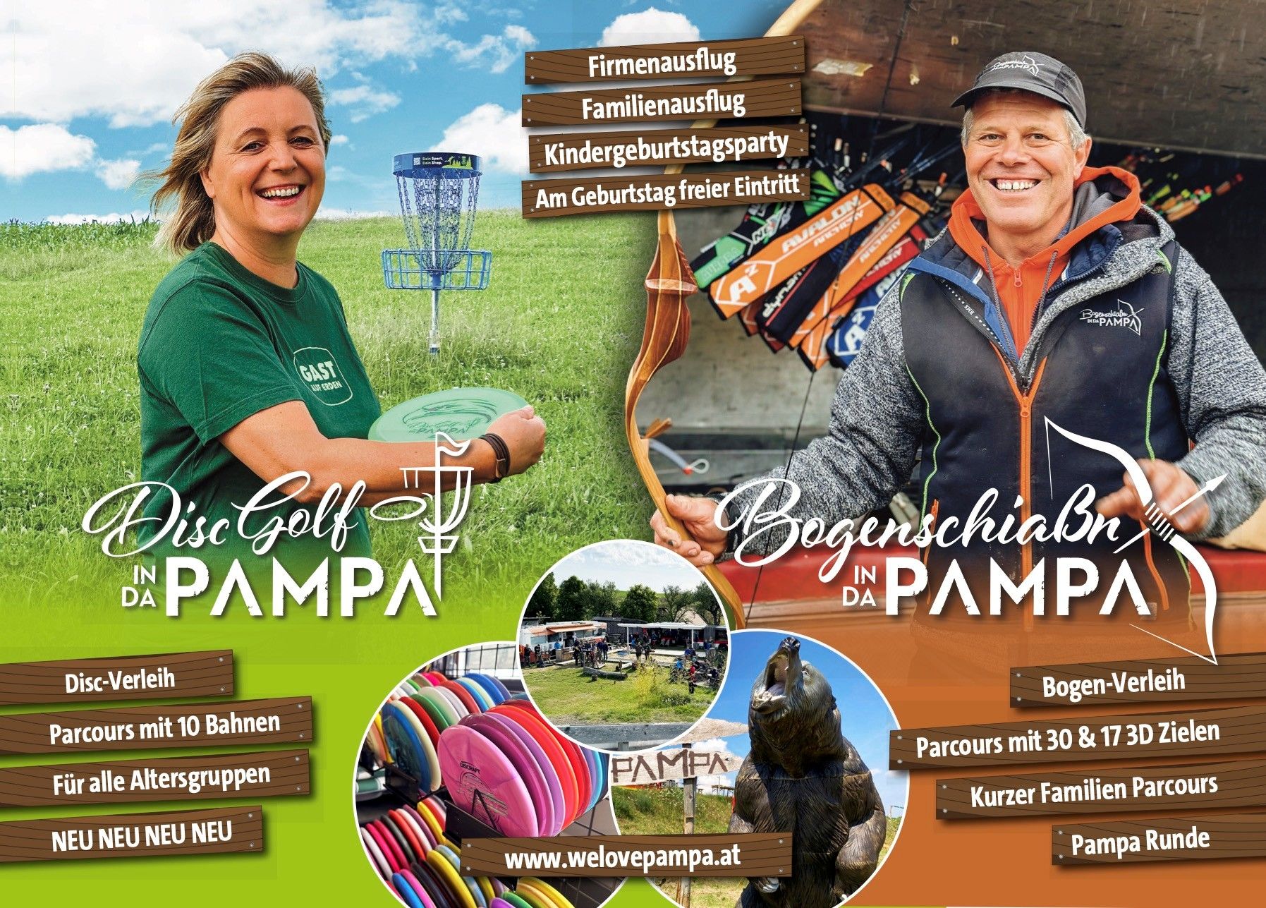 Flyer for disc golf and archery in the Pampa with pictures of a woman with a disc golf target and a man with a bow in his hand.