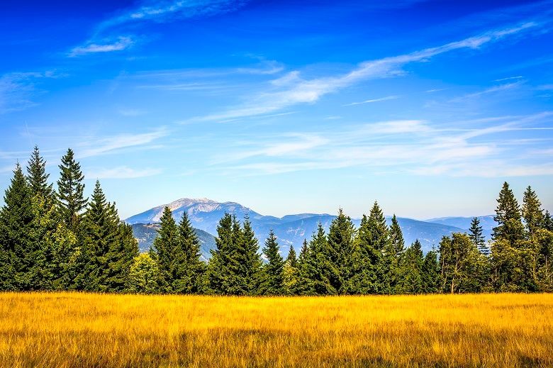 View from the Kamsteiner Schwaig to the Schneeberg and the Hohe Wand