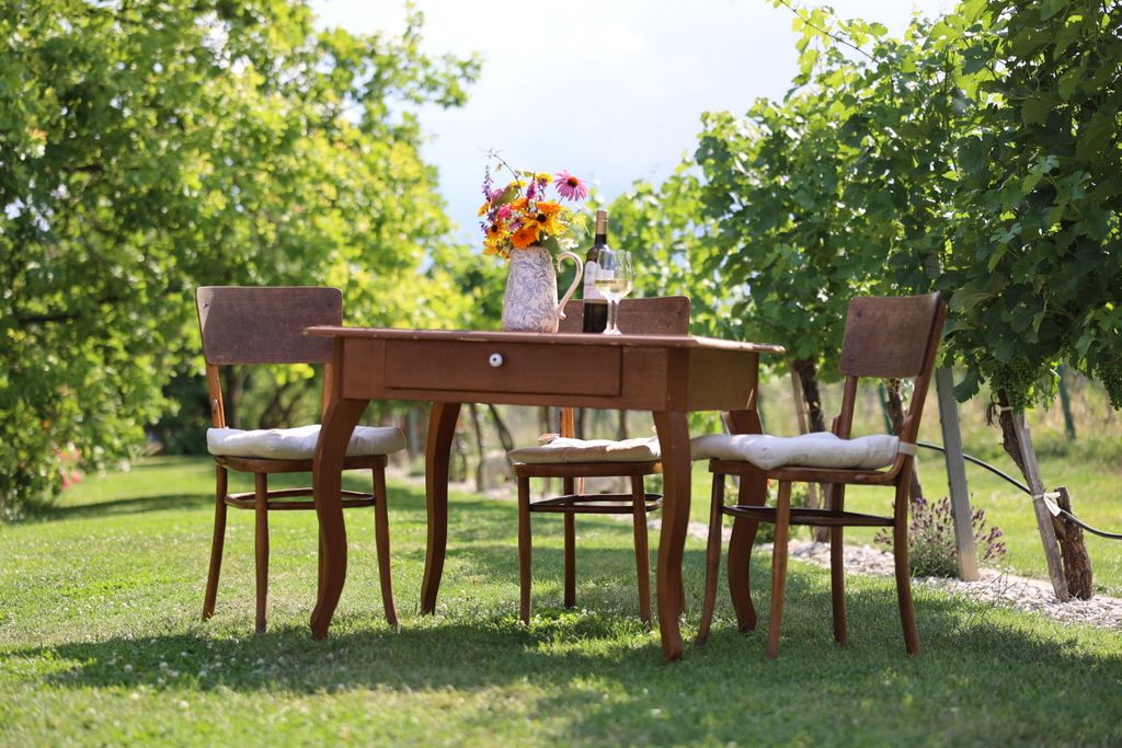 A table with flowers and wine in a vineyard.