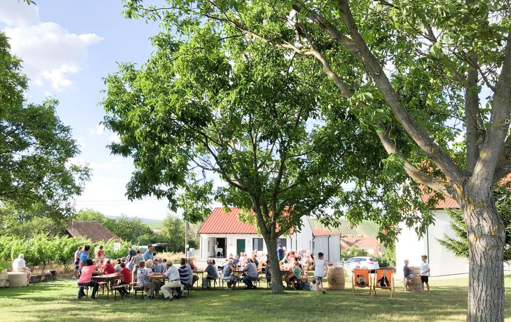 People sit outside at tables under trees, in the background a building with a red roof.