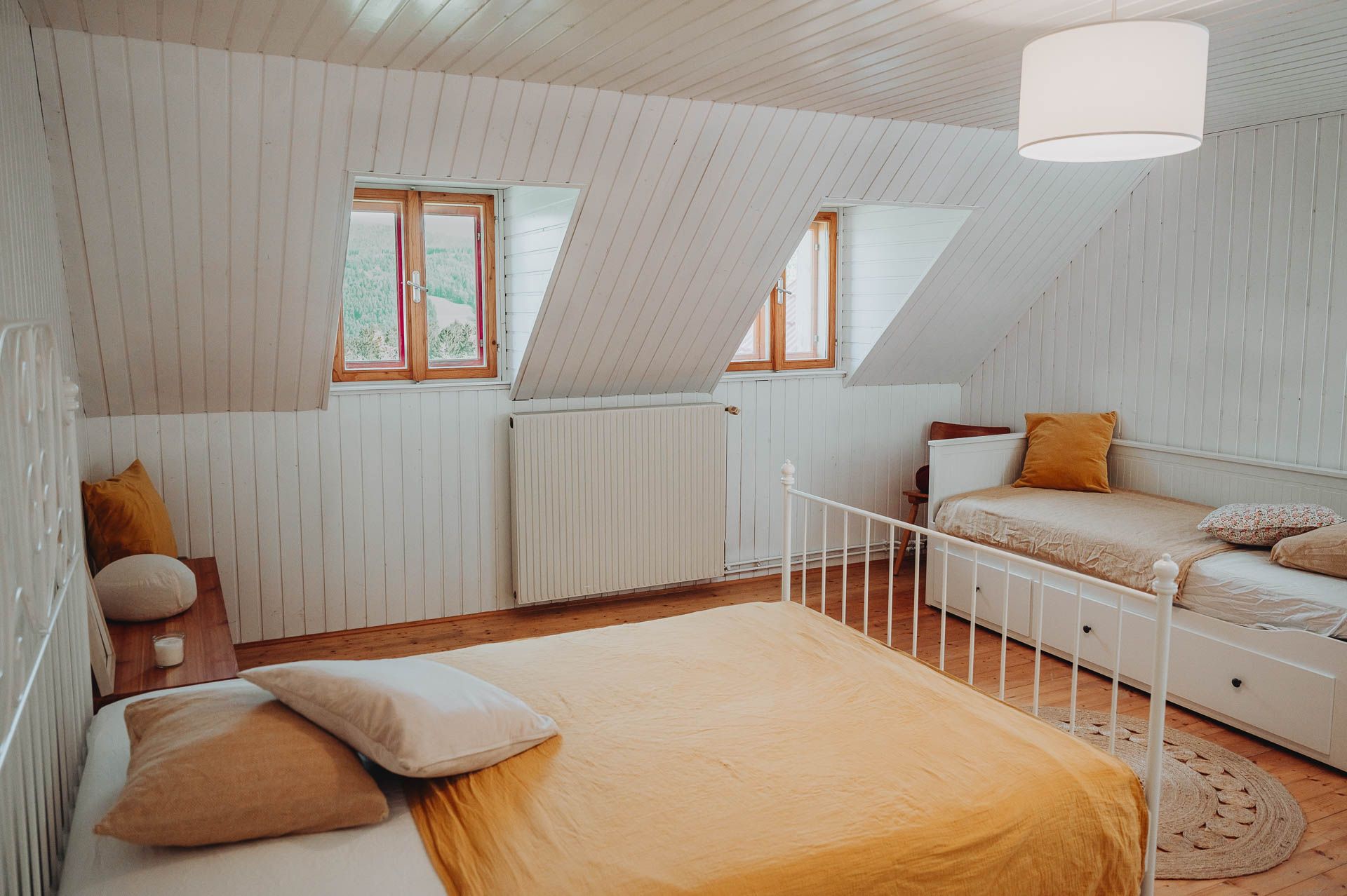 Cozy bedroom with two beds, wooden floor and skylights.