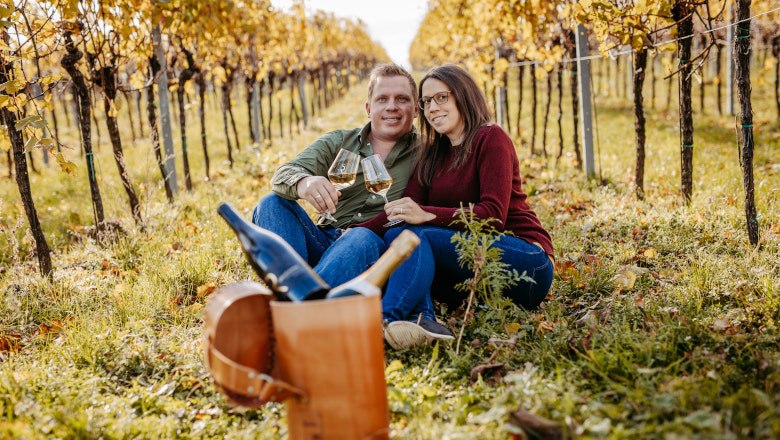 A couple is sitting in a vineyard holding glasses of wine. In front of them is a picnic basket with a bottle of wine.