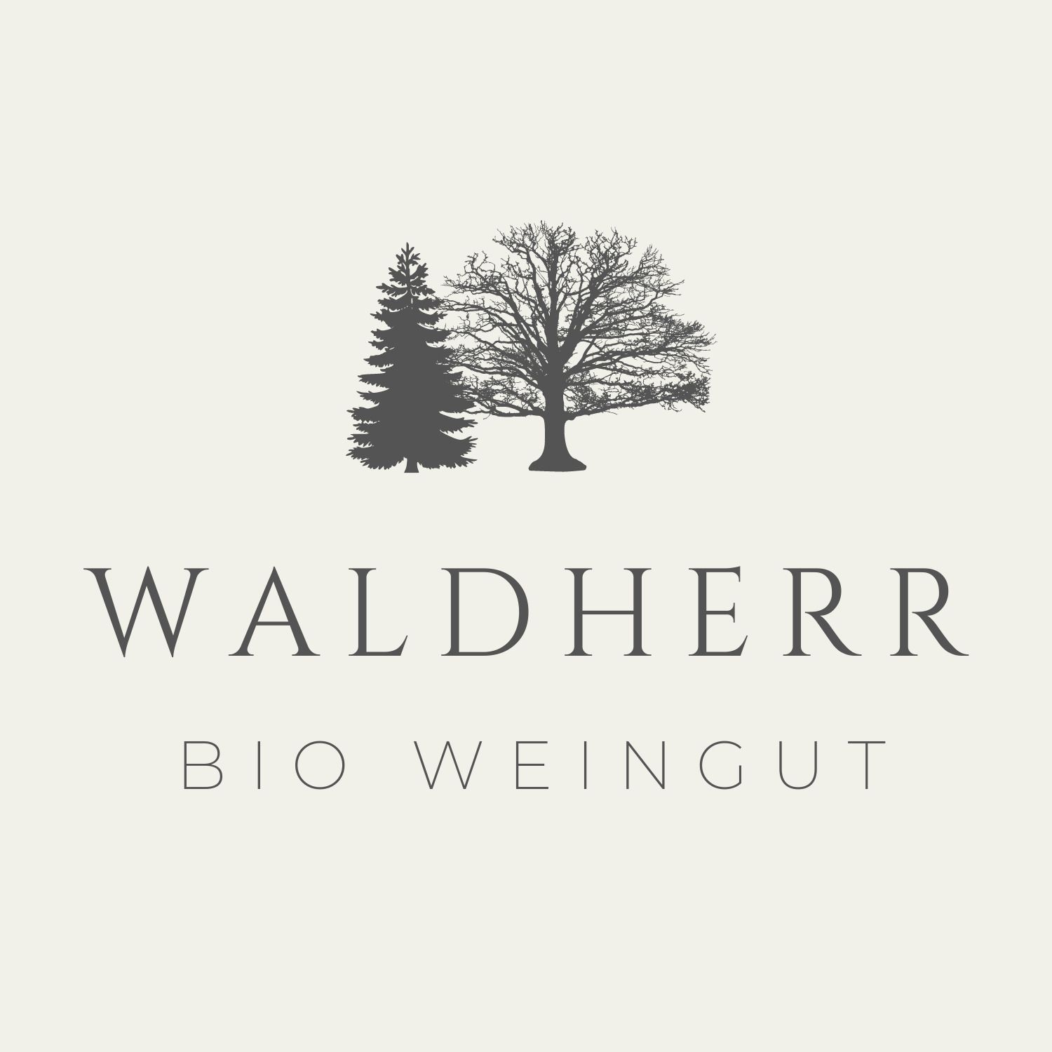 Logo of the Waldherr organic winery with two trees and lettering.
