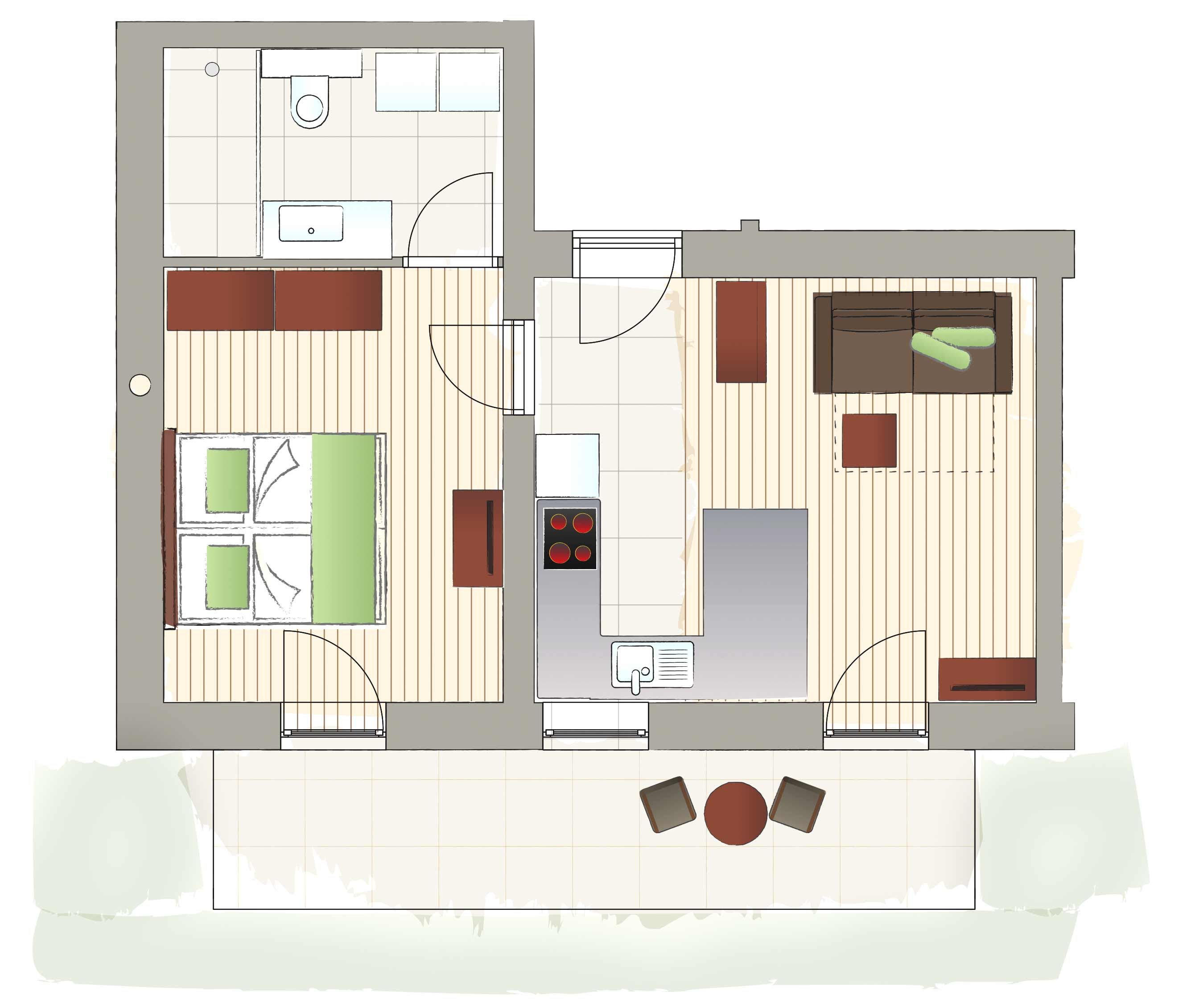 Floor plan of an apartment with bedroom, bathroom, kitchen and living room.
