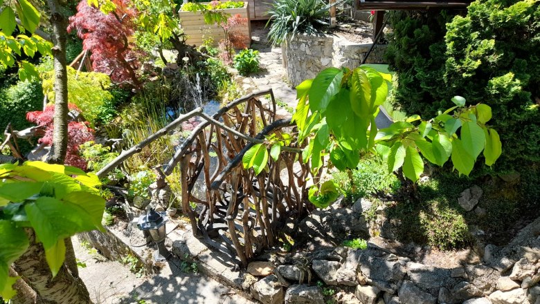 Garden with wooden bridge, plants and stones.