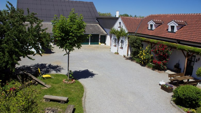 A well-kept courtyard with trees, flowers and seating, surrounded by buildings with red roofs.