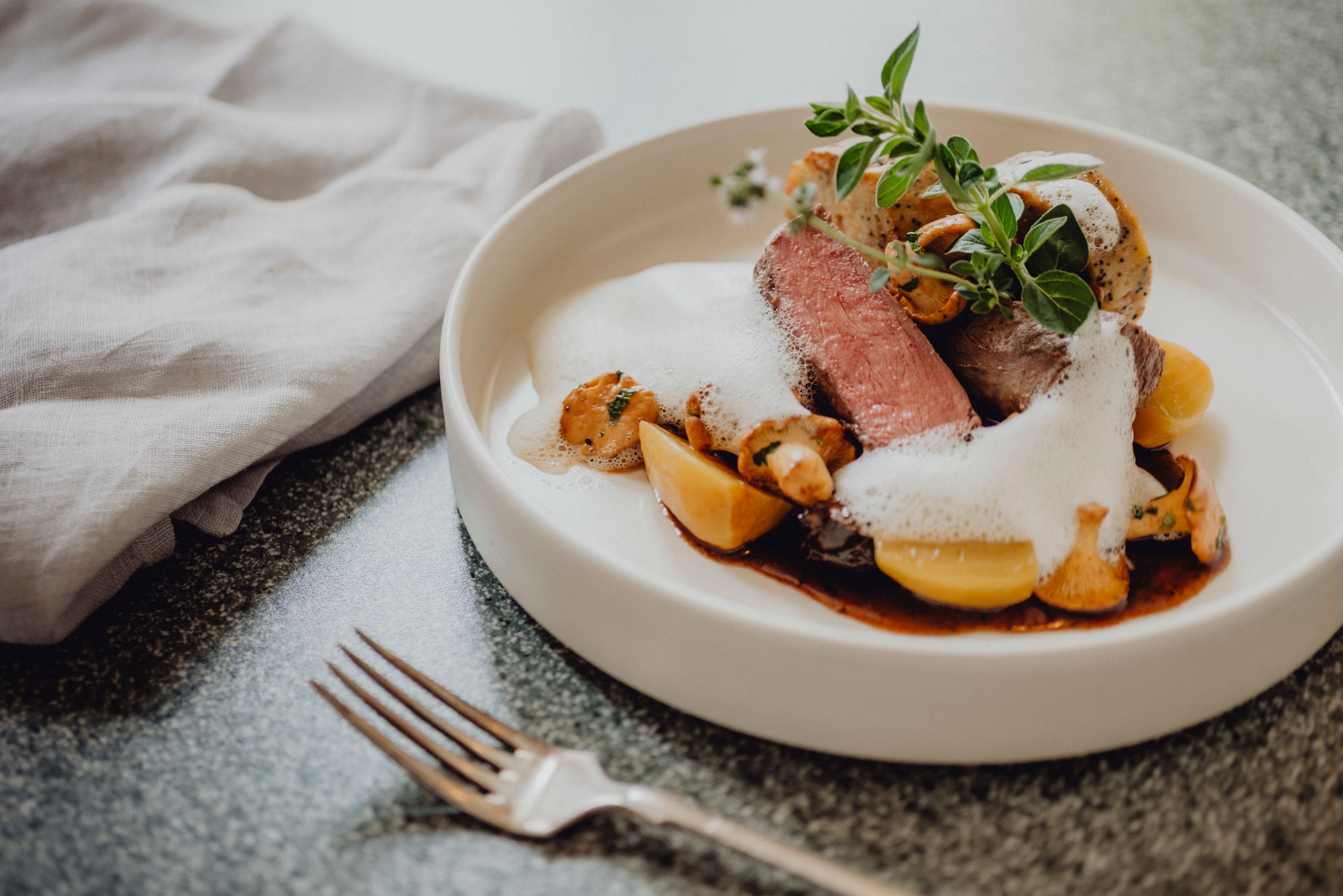 Gourmet dish with venison, napkin dumplings, mushrooms and foam on a white plate.