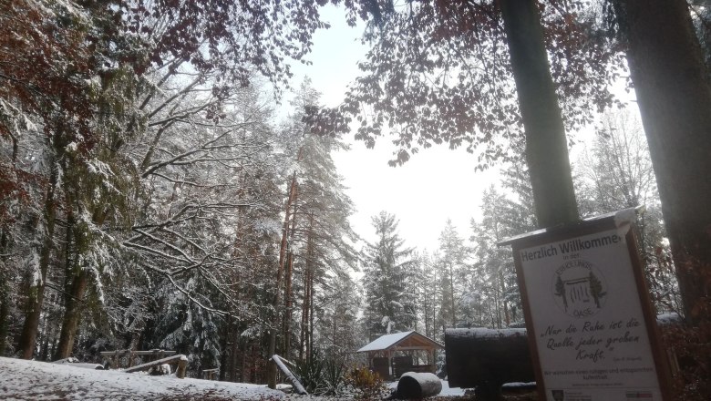 A snow-covered forest with a sign welcoming visitors.