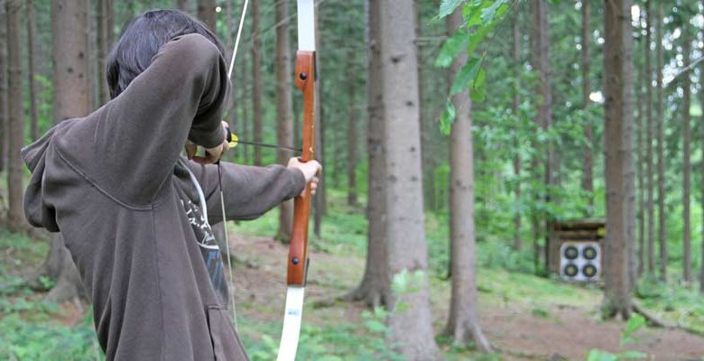 Person shoots at a target with a bow in the forest.