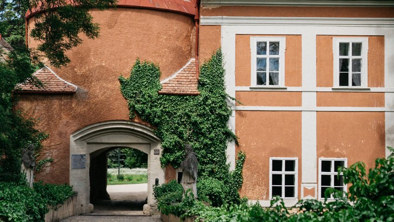 Entrance gate to Schrattenthal Castle with overgrown fa&ccedil;ade and paved path.