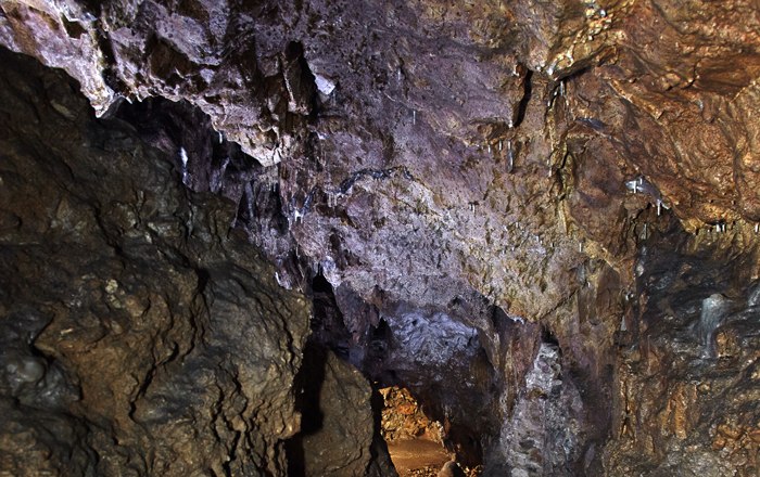 Interior view of the unicorn cave with stalactites on the ceiling.