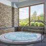 Wellness room with whirlpool, stone walls and large window with a view of the countryside.