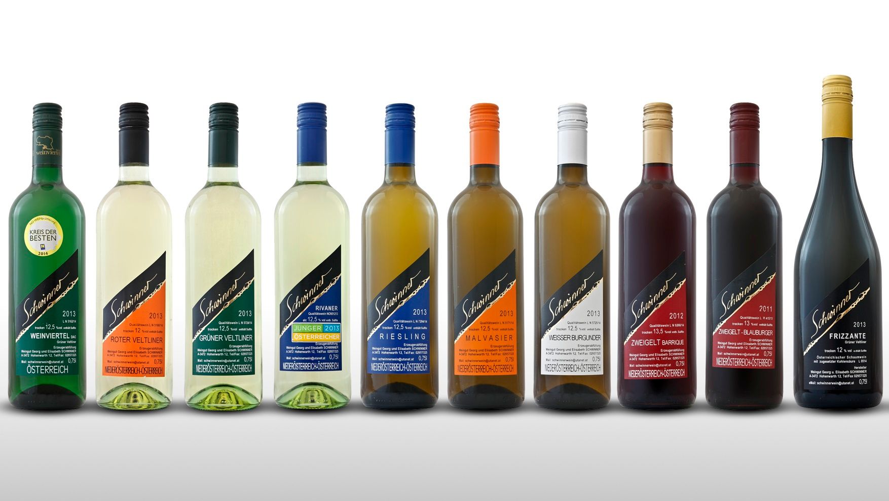 A series of ten wine bottles with different labels and colors.