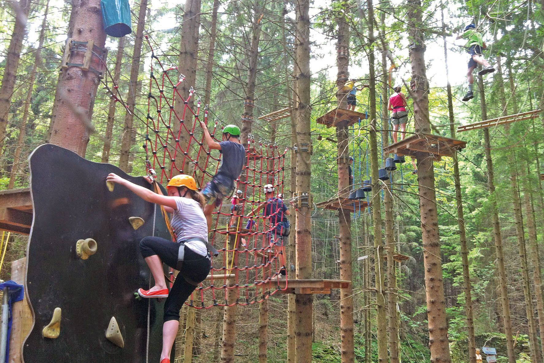 People climbing in a forest ropes course with nets and platforms.