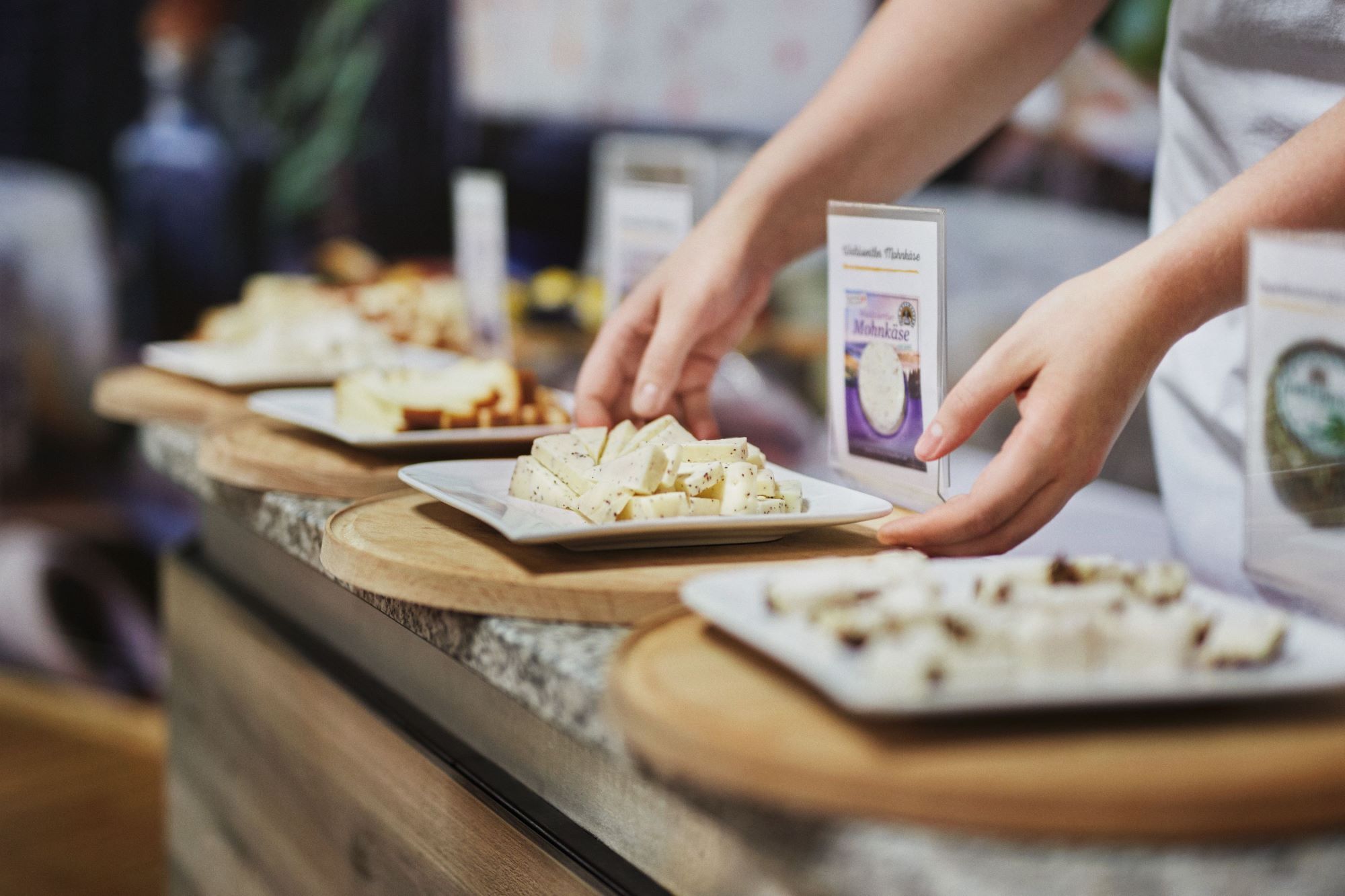 Person arranges cheeses on plates during a tasting.