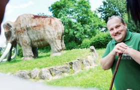 A man smiles in front of a large mammoth statue outdoors.