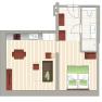 Floor plan of a small apartment with living area, kitchen, bathroom and bedroom.