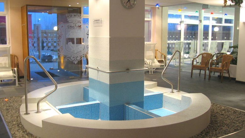 Interior view of a Kneipp pool in the Stockerau recreation center with blue tiles and handrails.