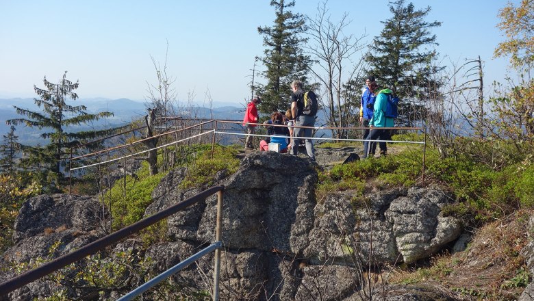 Group of hikers on a rocky viewpoint with railings, surrounded by trees and mountains in the background.
