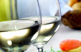 Two wine glasses filled with white wine, in the background a plate with salmon and salad.