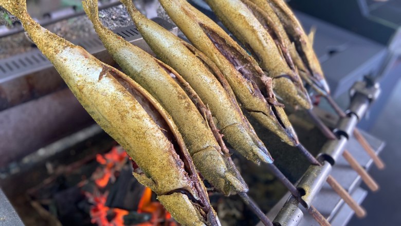 Plugged fish on a grill over glowing coals.