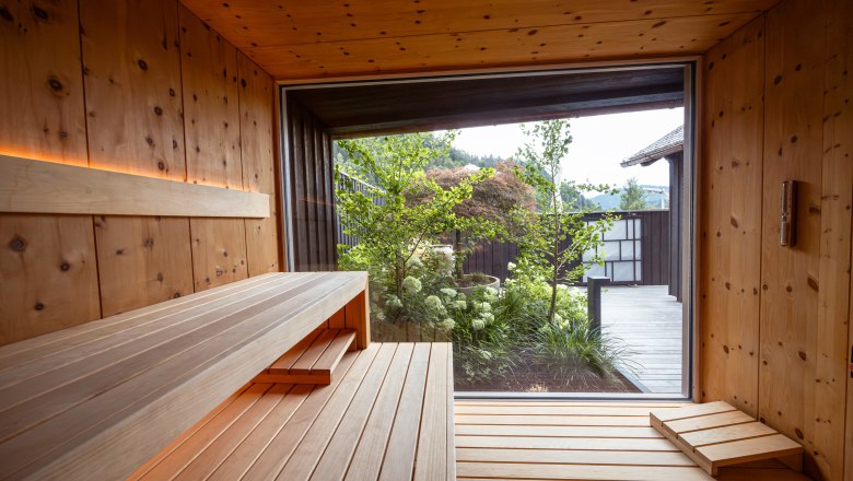 Interior view of a modern sauna with wooden walls and benches, view of a garden through a large window.