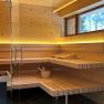 Interior view of a modern sauna with wooden benches and glass wall.