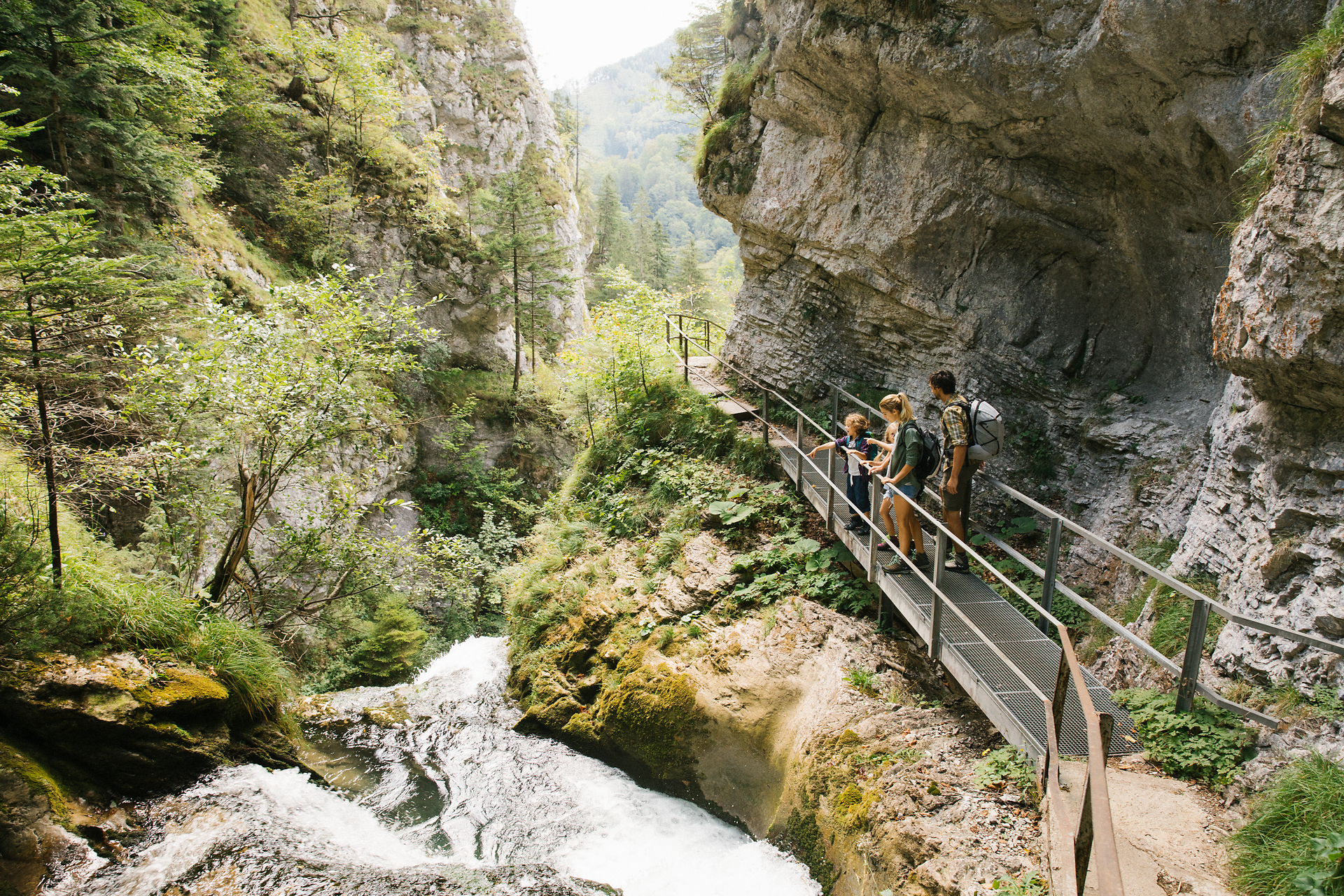 A picturesque hiking trail meanders along the rushing water, surrounded by lush greenery and majestic rocks. Families enjoy the fresh air and breathtaking views of nature as they discover the beauty of the Ötscher Tormäuer Nature Park.