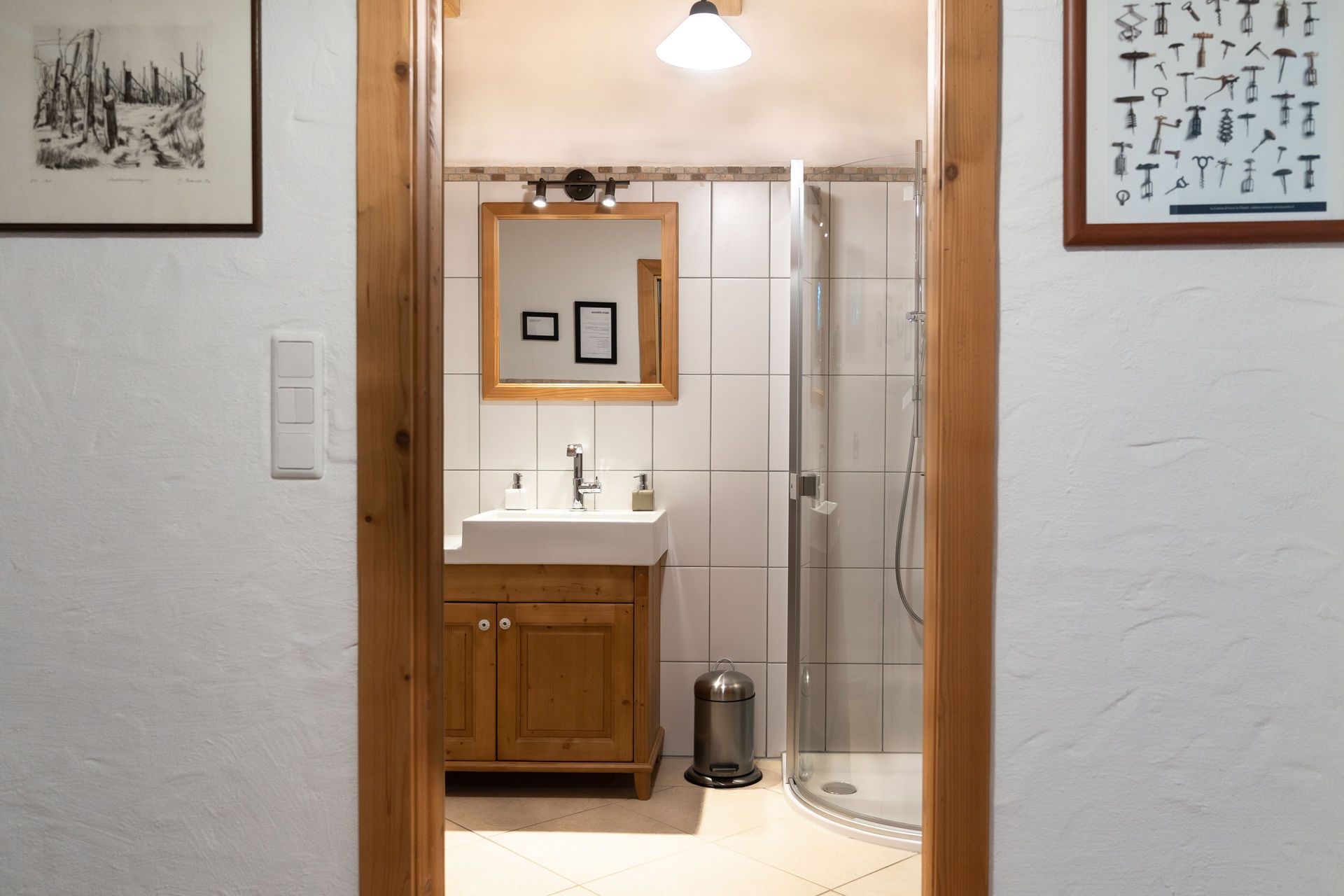 View through a door to a bathroom with shower, washbasin and mirror.