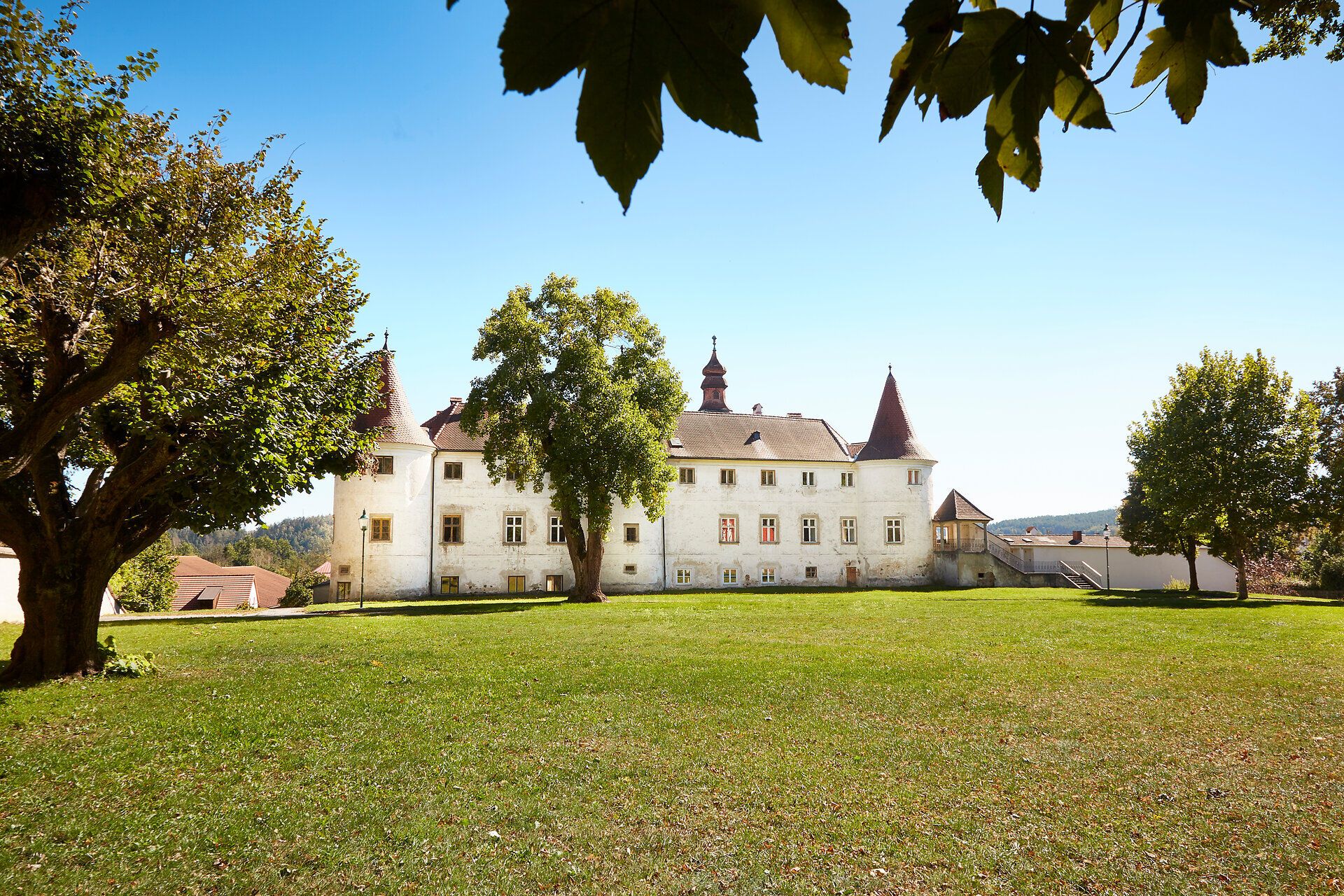 Surrounded by an expansive meadow and majestic trees, Schloss Dobersberg exudes a quiet elegance. The gentle hills in the background invite you to explore and promise unforgettable views of the picturesque landscape.