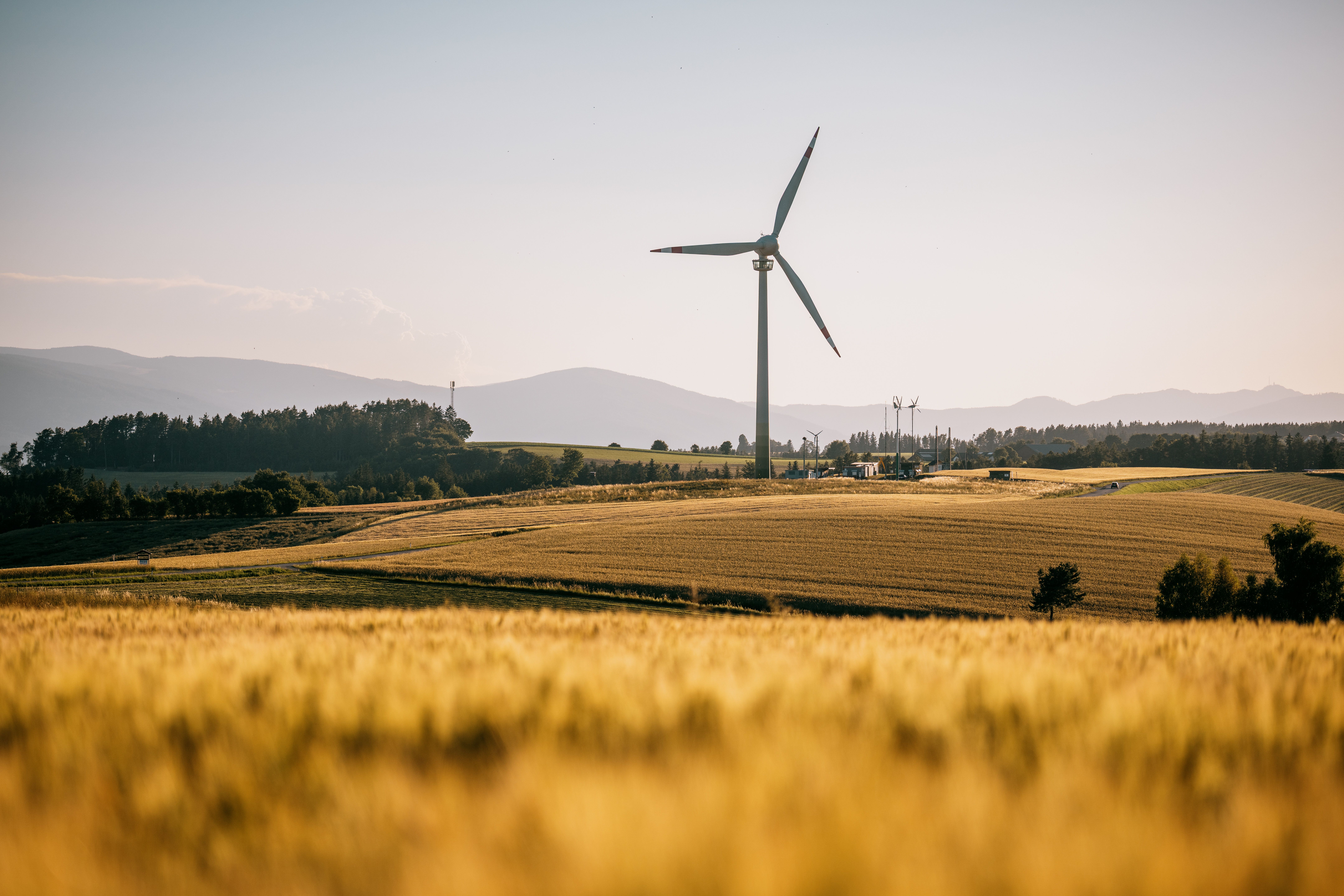 The Lichtenegg wind turbine in a field, mountains in the background