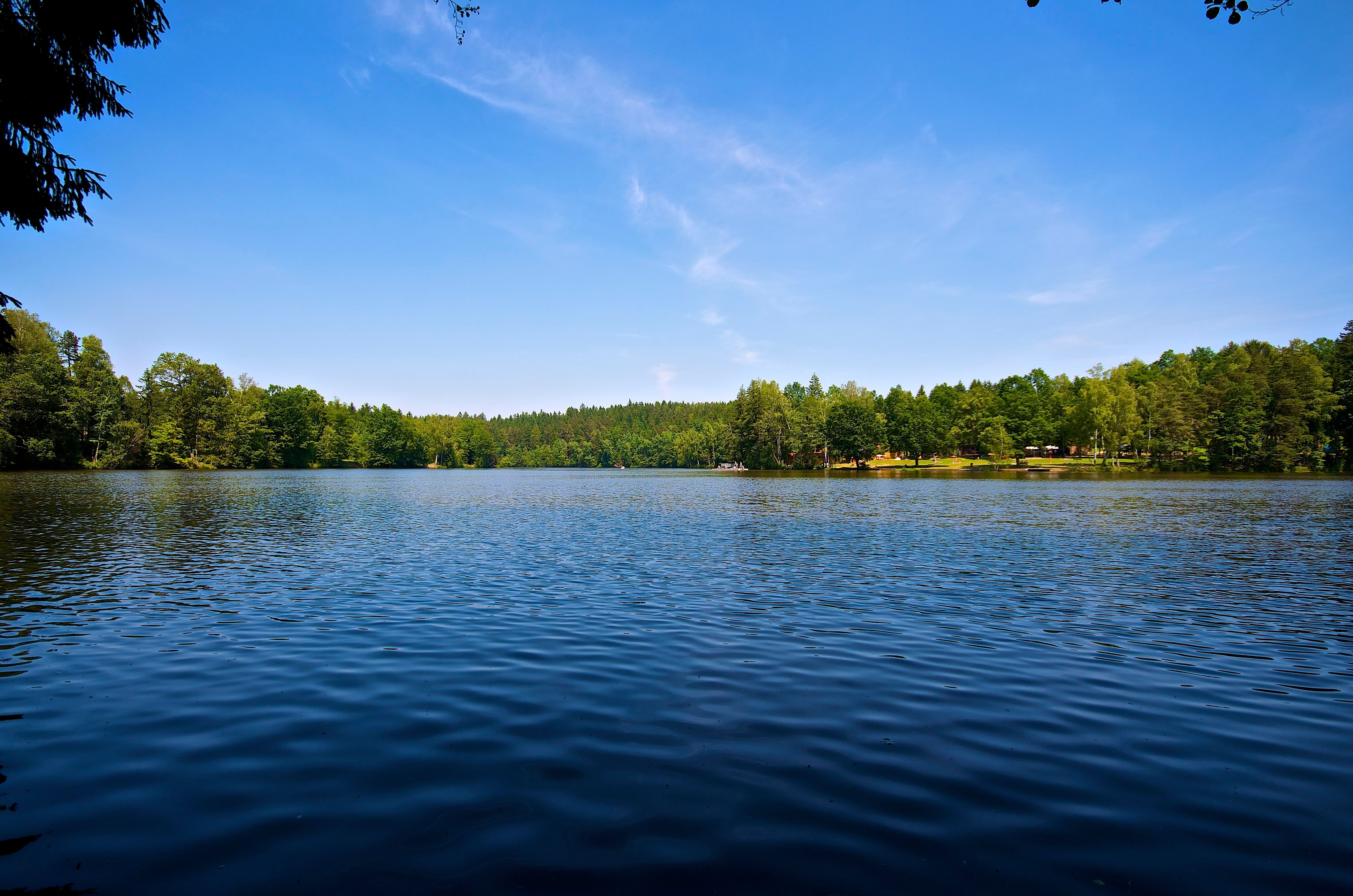 View of the Herrensee with wooded shore and blue sky.