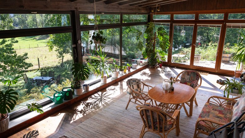 Conservatory with plants and wooden furniture, view of the garden.