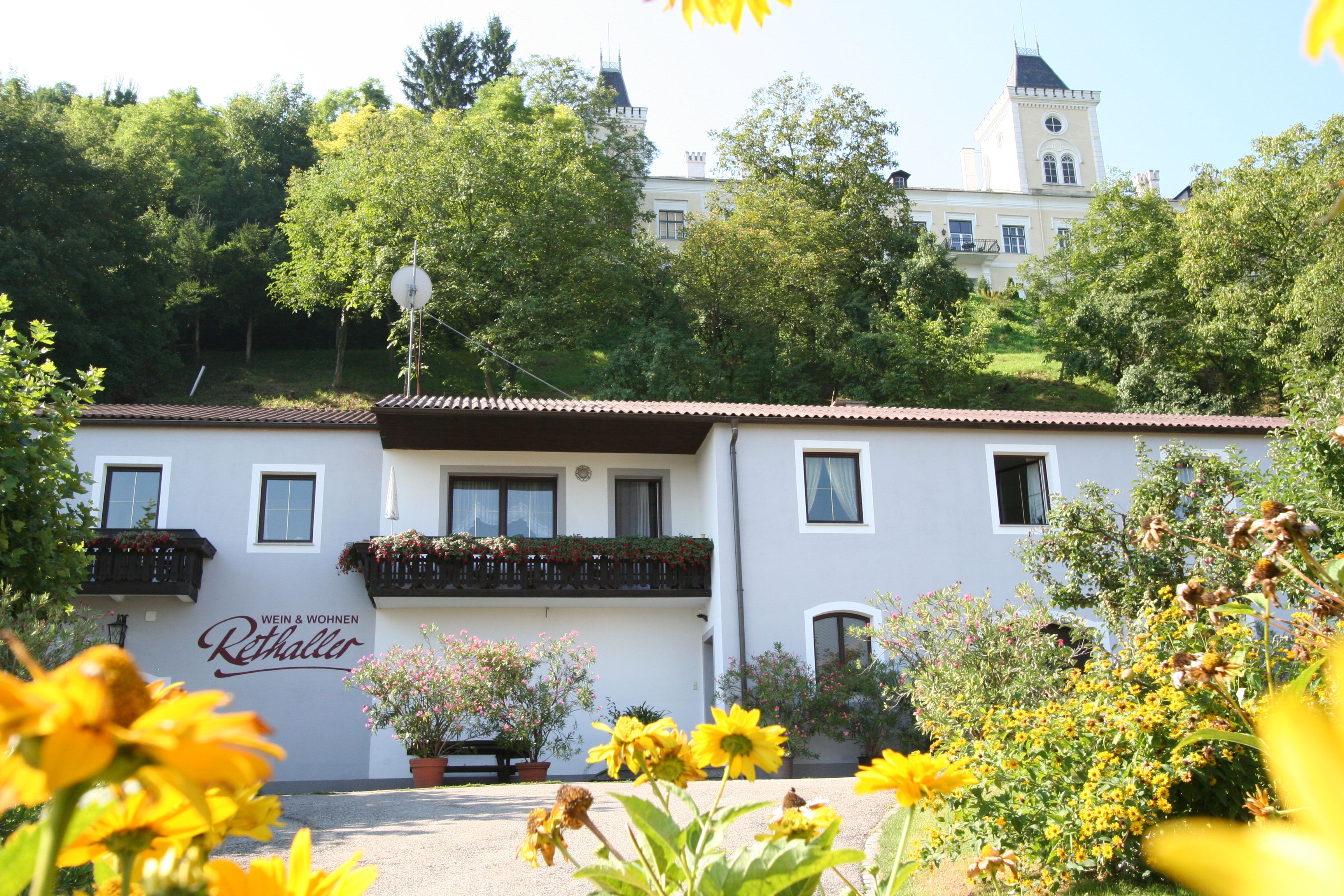 Exterior view of a house with flowers and a building in the background.