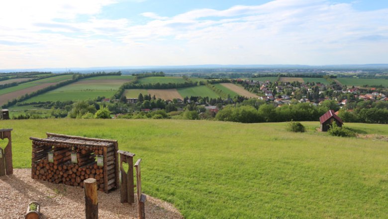 View of green fields and a village from the Tullnerfeld balcony.