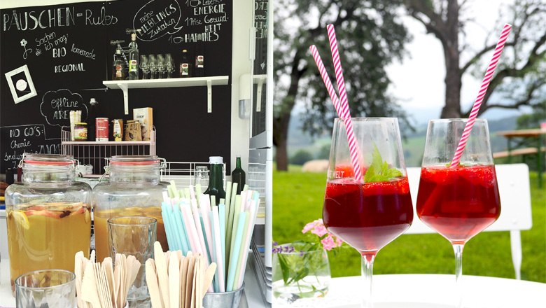 Two pictures: On the left a food truck with drinks and straws, on the right two glasses with red drinks on an outdoor table.