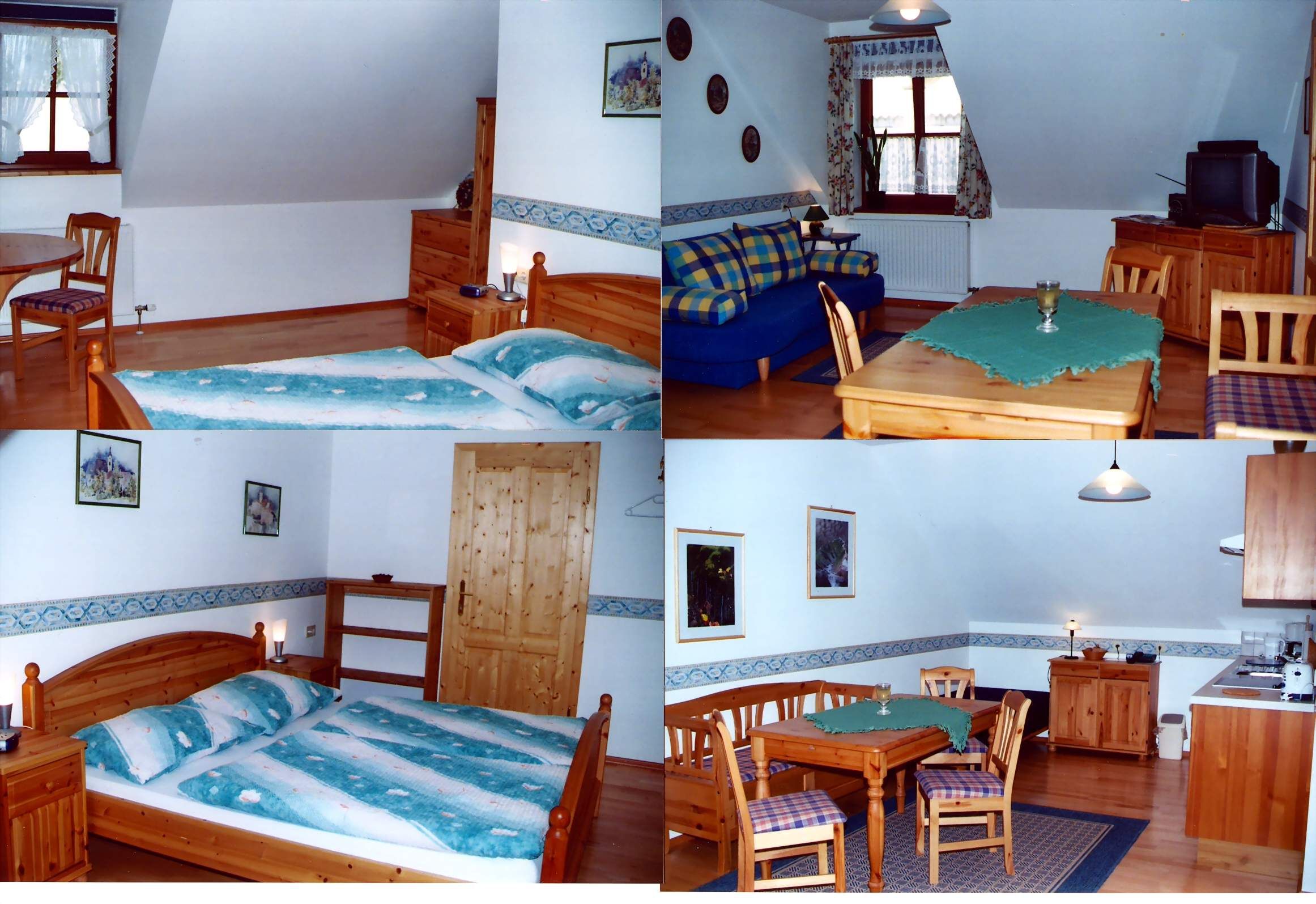 Interior view of a cozy vacation apartment with wooden furniture, bed, sofa and dining table.