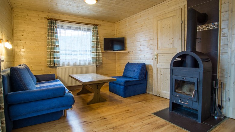 Cozy living room with wooden walls, blue sofas, wooden table and wood-burning stove.
