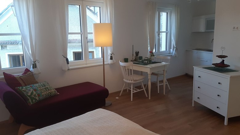 Bright apartment with sofa, dining table and kitchenette.