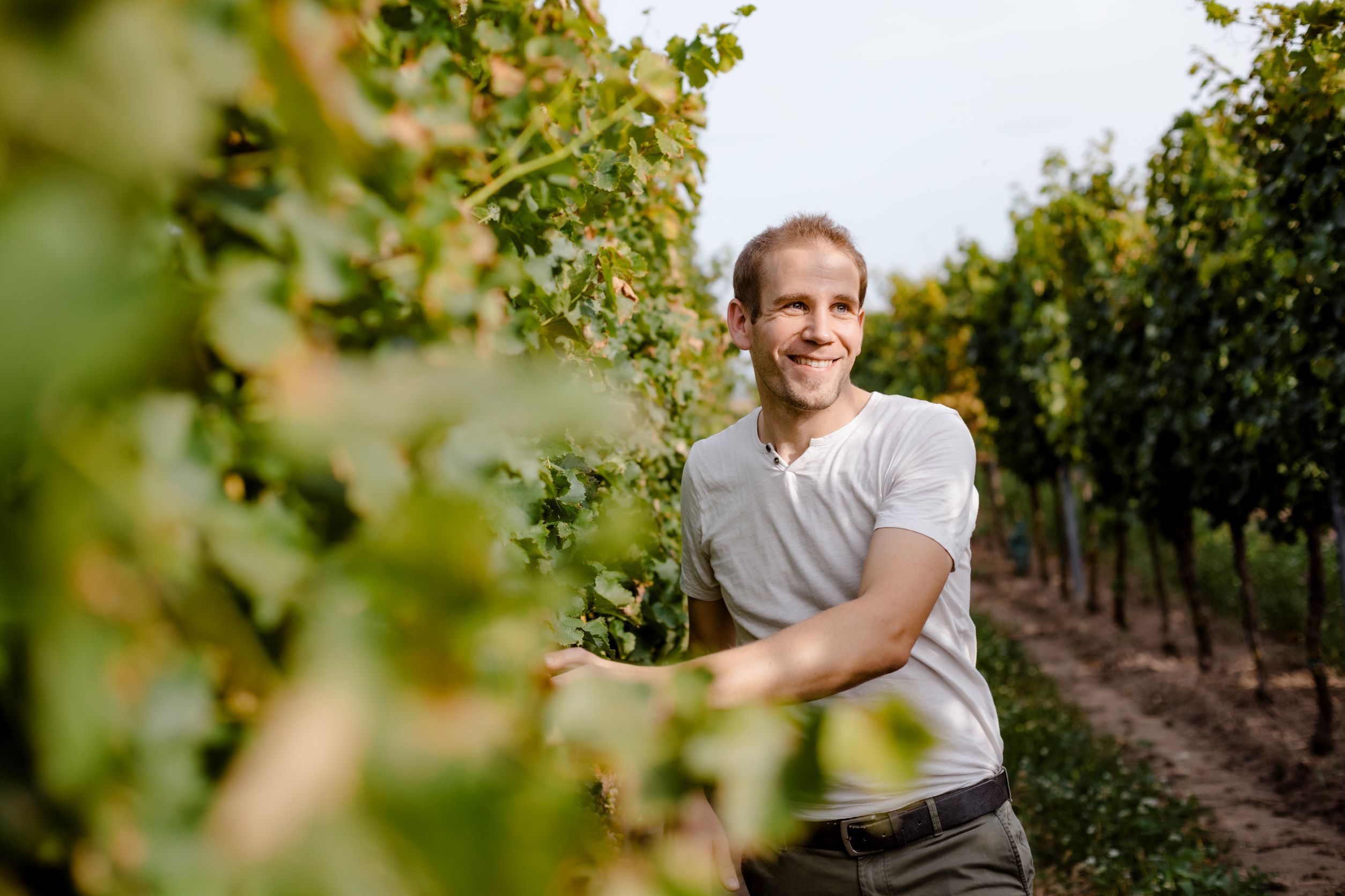 A man in a vineyard, smiling as he stands among the vines.
