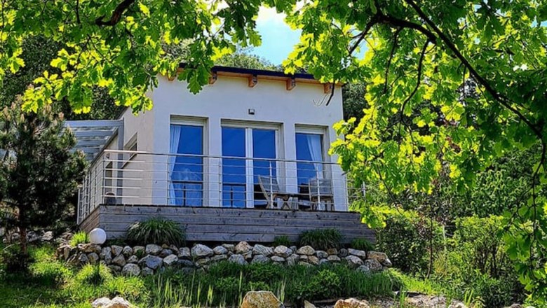 A modern chalet with a large window front, surrounded by green nature and trees.