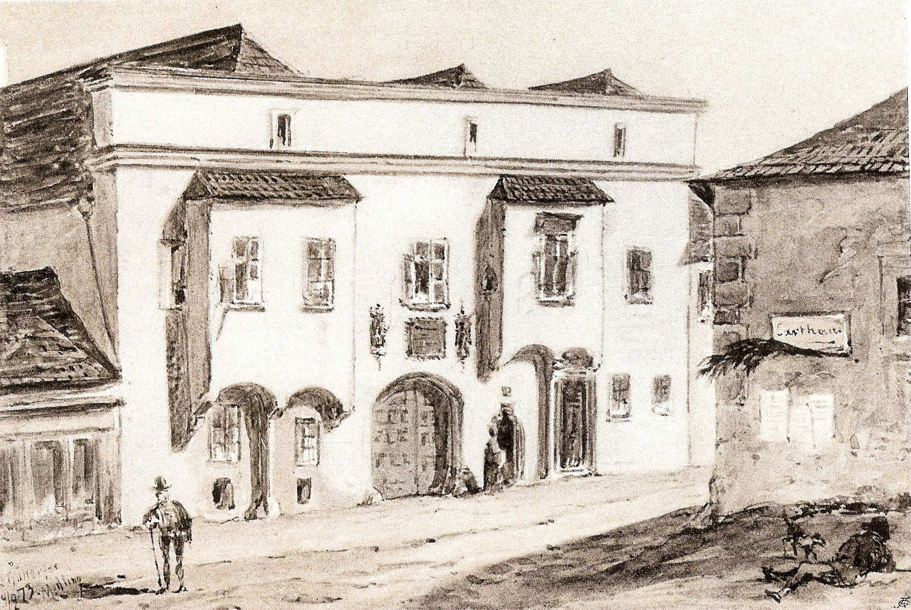 Historical drawing of a building with round arches and windows, two people standing in front of it.