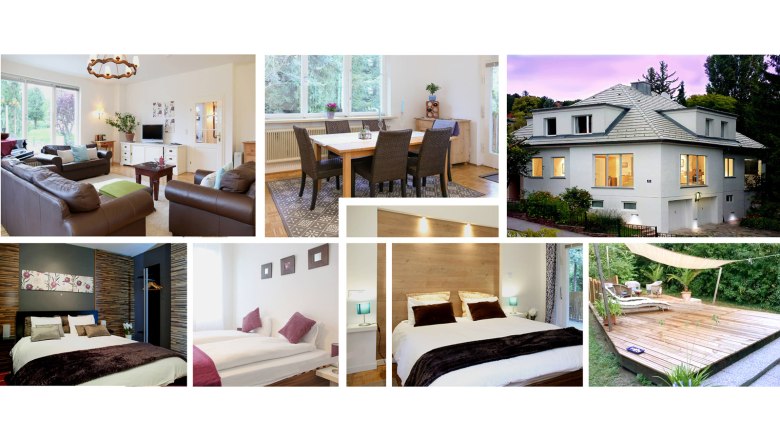 Overview2, © 2015 Collage of interior and exterior views of a modern house with living room, dining room, bedrooms and terrace.