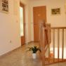 A bright hallway with wooden doors, a banister and a potted plant on the floor.
